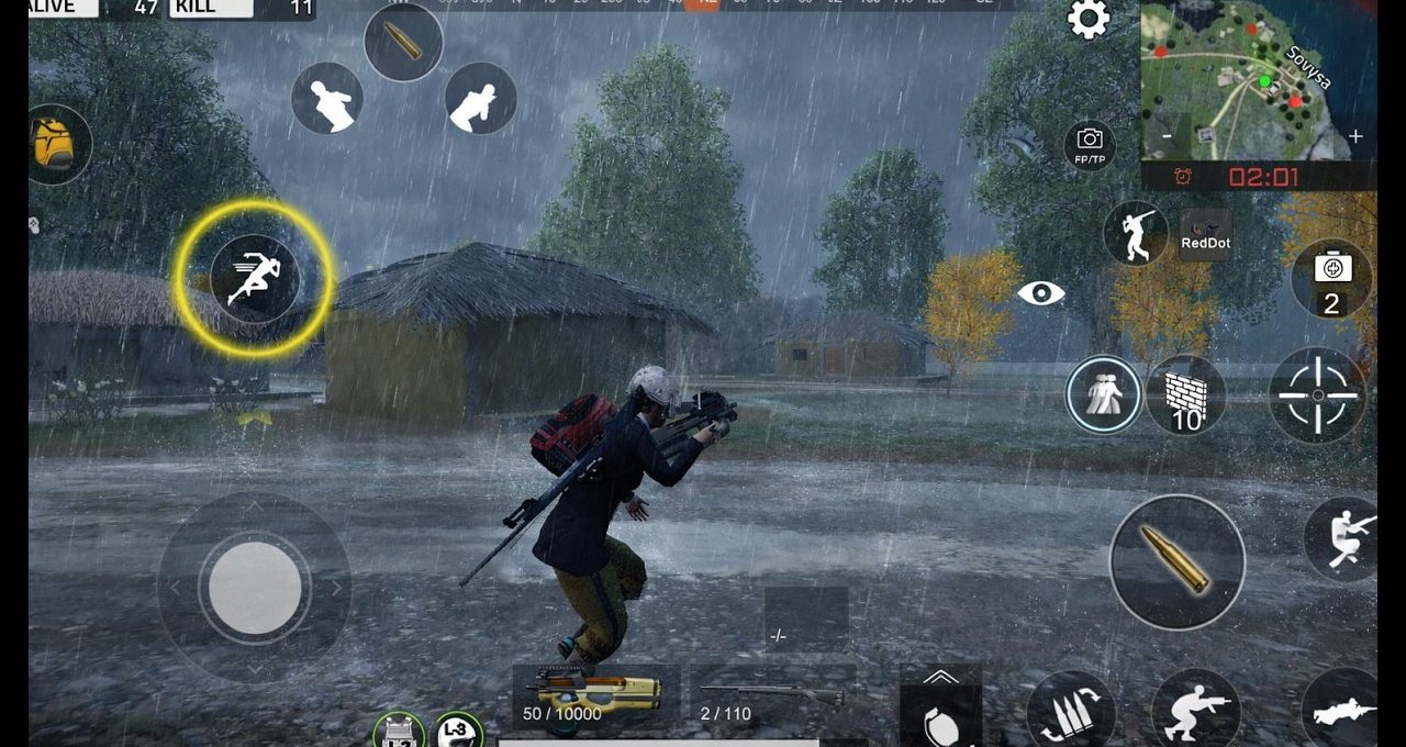Player character with rifle running through rainy village in mobile battle royale HUD