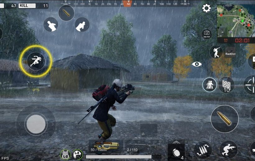 Player character with rifle running through rainy village in mobile battle royale HUD