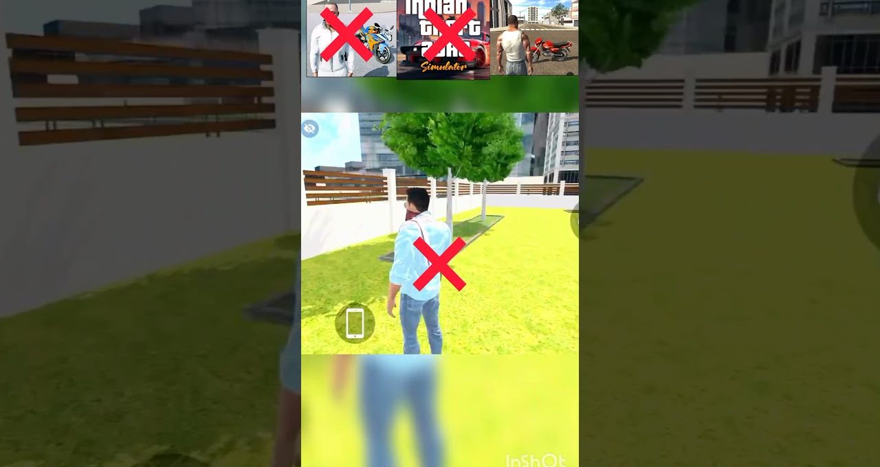Third-person video game character standing in a fenced backyard with a red X overlay.