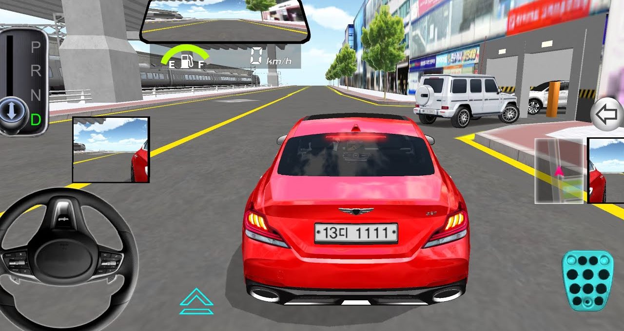 Red sedan viewed from behind in a driving simulator interface on city street