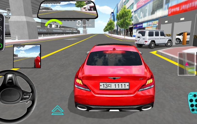 Red sedan viewed from behind in a driving simulator interface on city street