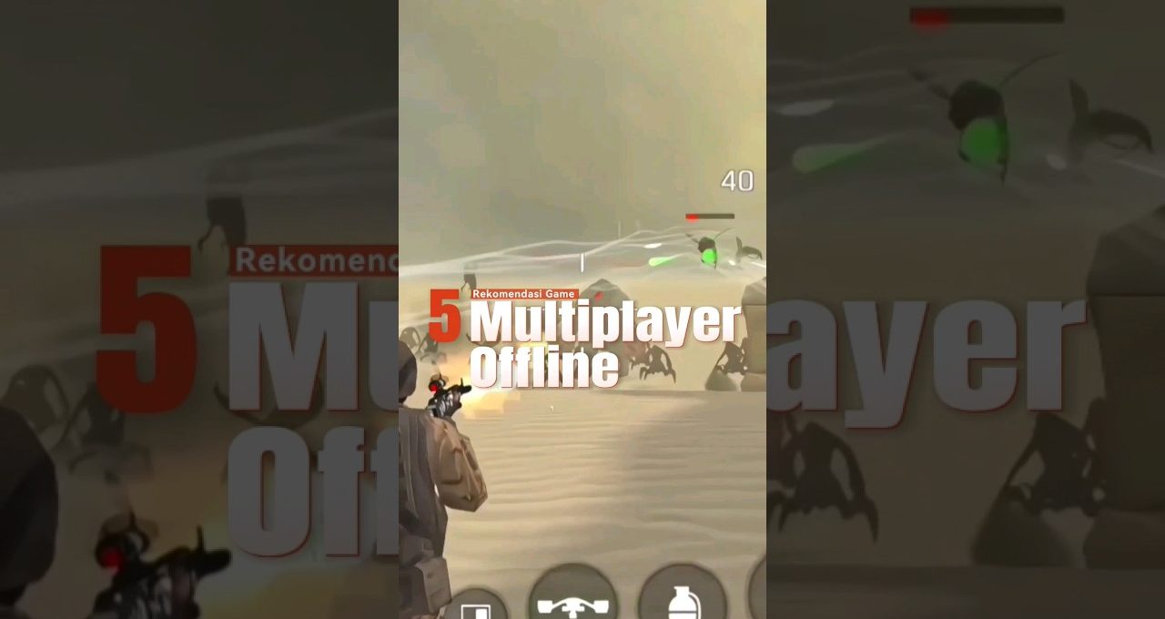 Third-person shooter gameplay scene with player firing at alien creatures in desert