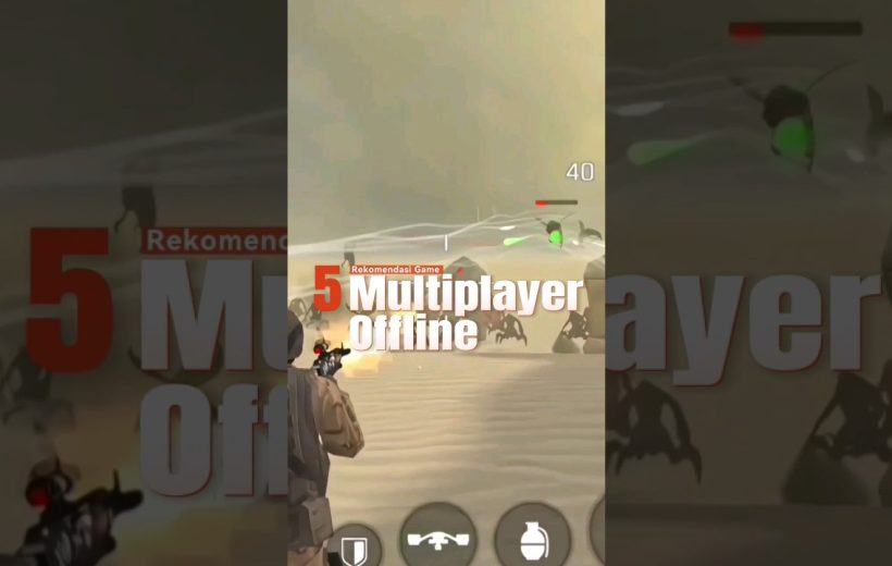 Third-person shooter gameplay scene with player firing at alien creatures in desert
