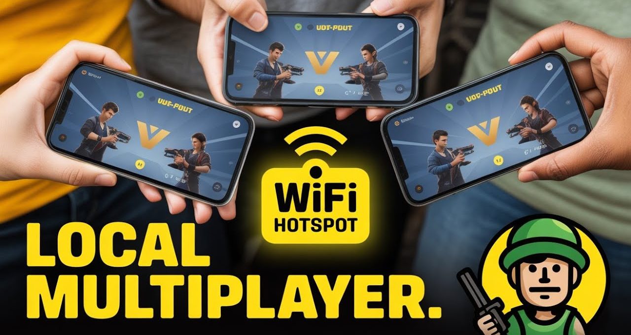 Four people holding phones playing local multiplayer game using a WiFi hotspot.