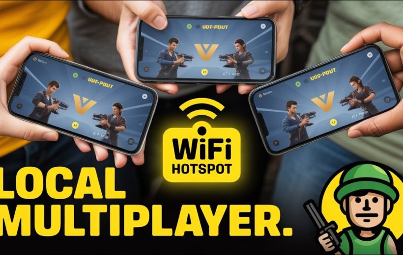 Four people holding phones playing local multiplayer game using a WiFi hotspot.
