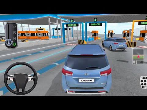Driving simulator view of a blue Kia Carnival approaching toll booths with other cars