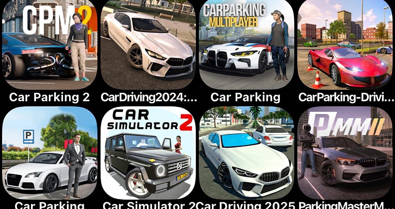 Grid of mobile car game icons showing various sports cars and parking scenes