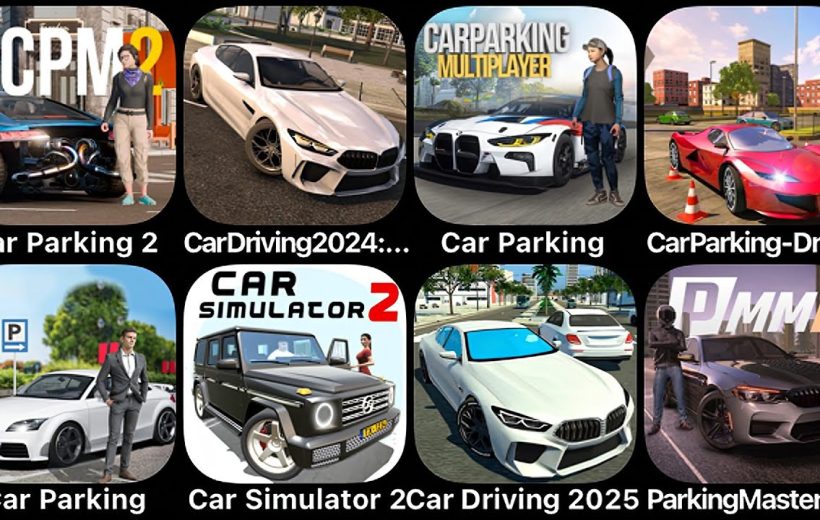 Grid of mobile car game icons showing various sports cars and parking scenes