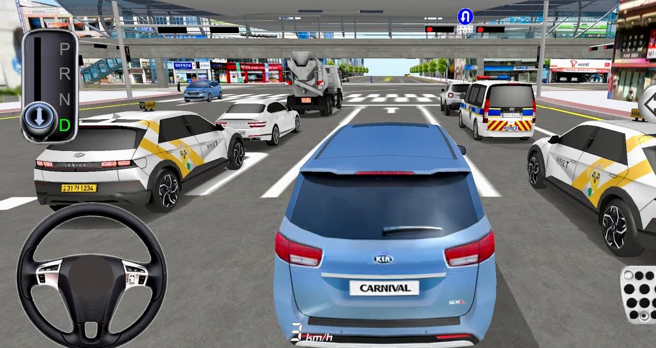 Blue Kia Carnival in traffic at an urban intersection with surrounding vehicles and bridge