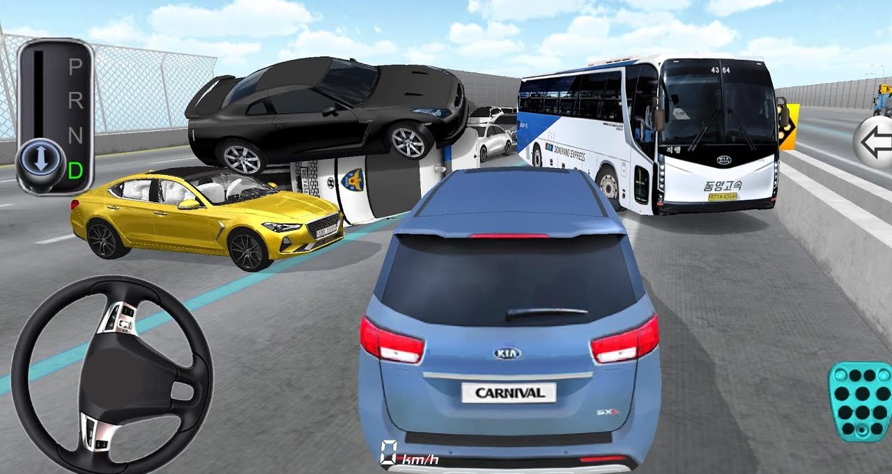 Blue Kia Carnival navigating highway traffic with overturned cars and bus ahead.