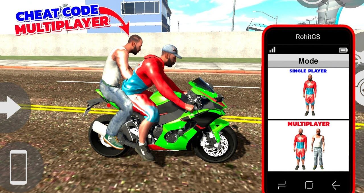 Two characters riding a green sport motorcycle in a city street game scene