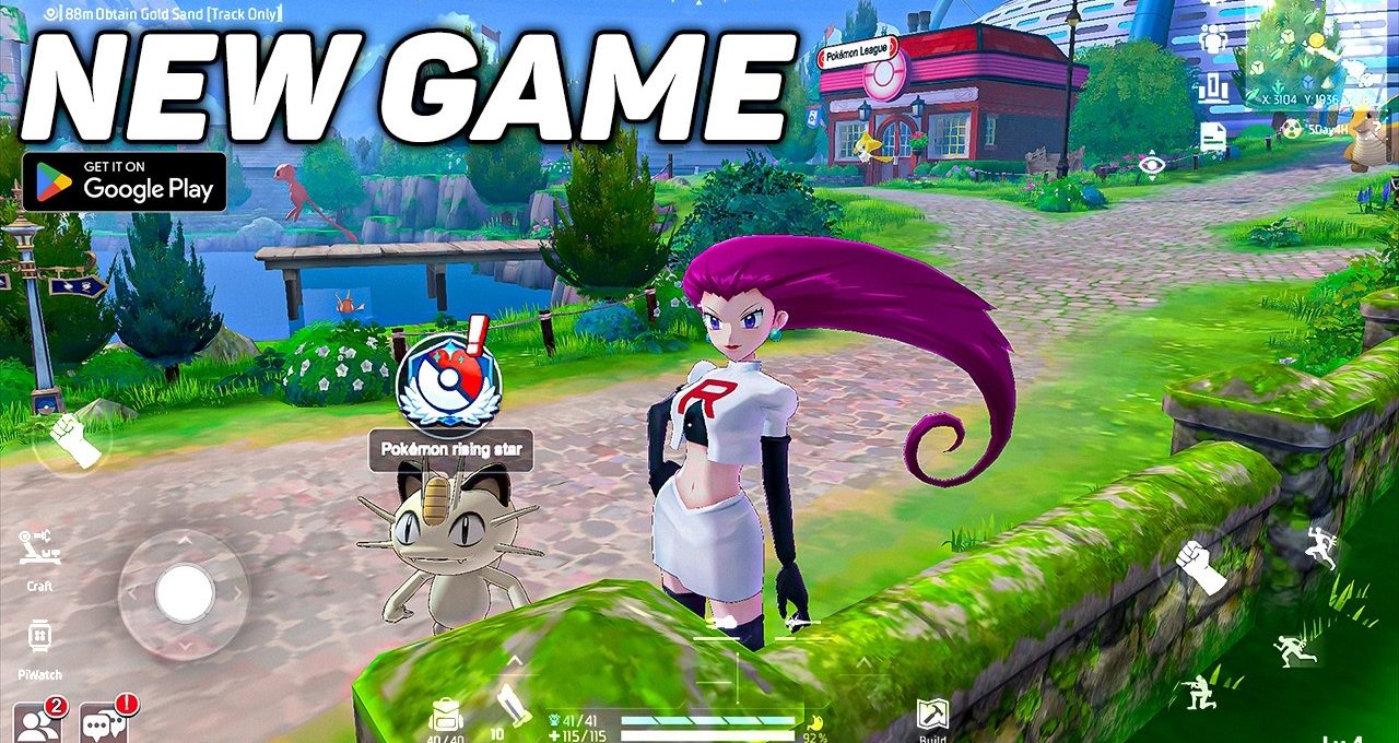 Team Rocket's Jessie with Meowth standing in a colorful Pokémon game village.