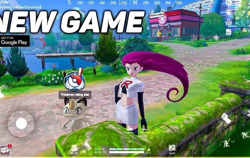 Team Rocket's Jessie with Meowth standing in a colorful Pokémon game village.