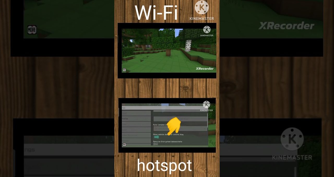 Smartphone screen showing Wi-Fi hotspot tutorial with Minecraft gameplay and settings menus visible