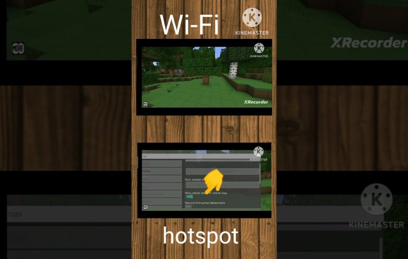 Smartphone screen showing Wi-Fi hotspot tutorial with Minecraft gameplay and settings menus visible