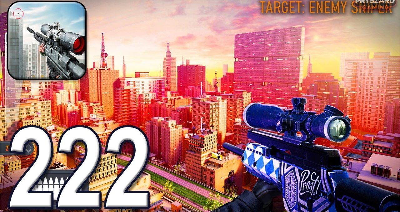 First-person view of a sniper rifle overlooking a colorful city skyline at sunset