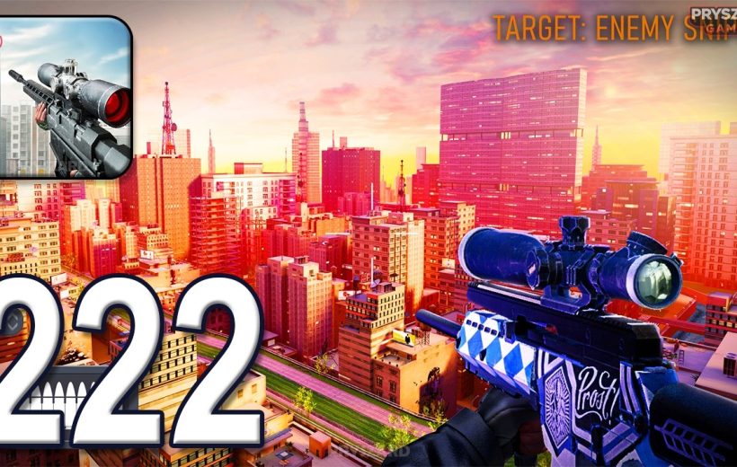 First-person view of a sniper rifle overlooking a colorful city skyline at sunset