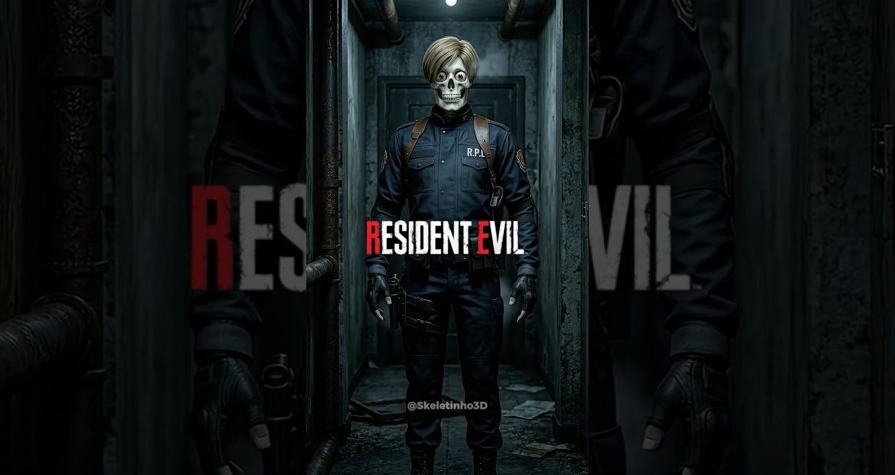 R.P.D. officer with a skull mask standing in a dark narrow hallway, Resident Evil