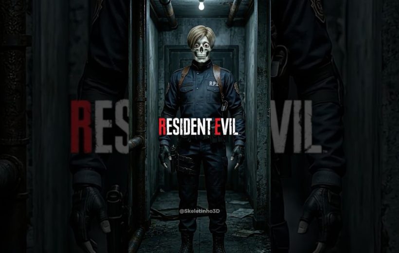 R.P.D. officer with a skull mask standing in a dark narrow hallway, Resident Evil