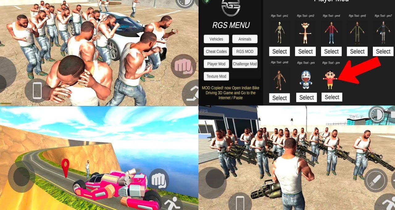 Open-world game scenes showing multiple identical characters, vehicles, and a mod menu.