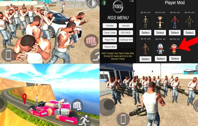 Open-world game scenes showing multiple identical characters, vehicles, and a mod menu.