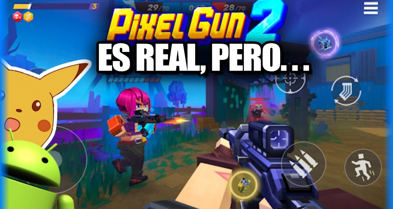 First-person shooter gameplay from Pixel Gun 2 with characters firing in a village setting