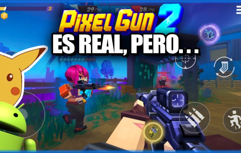 First-person shooter gameplay from Pixel Gun 2 with characters firing in a village setting