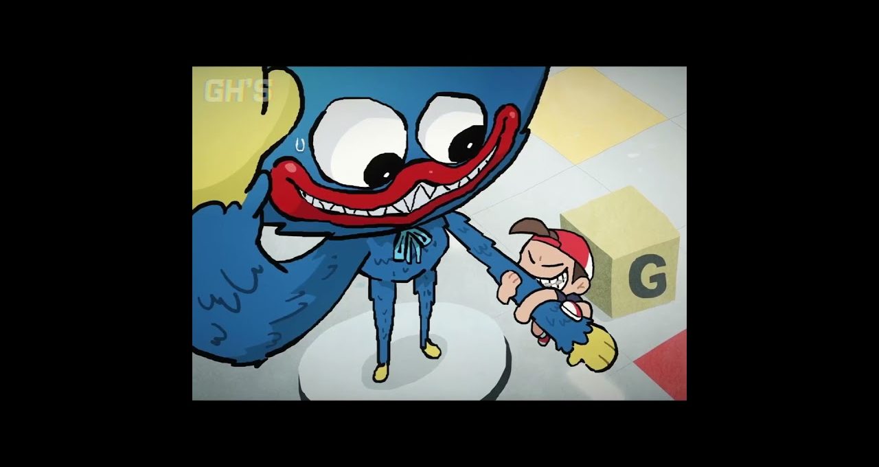 Cartoon child in red cap grappling with a large blue creature holding hand