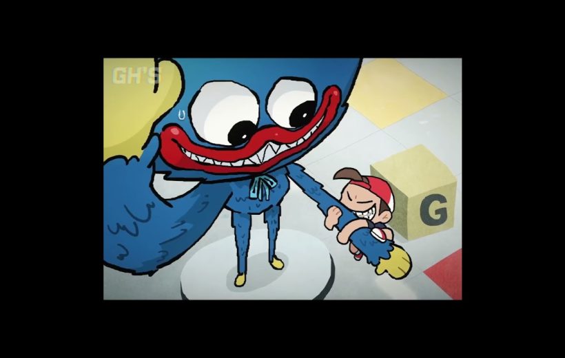 Cartoon child in red cap grappling with a large blue creature holding hand