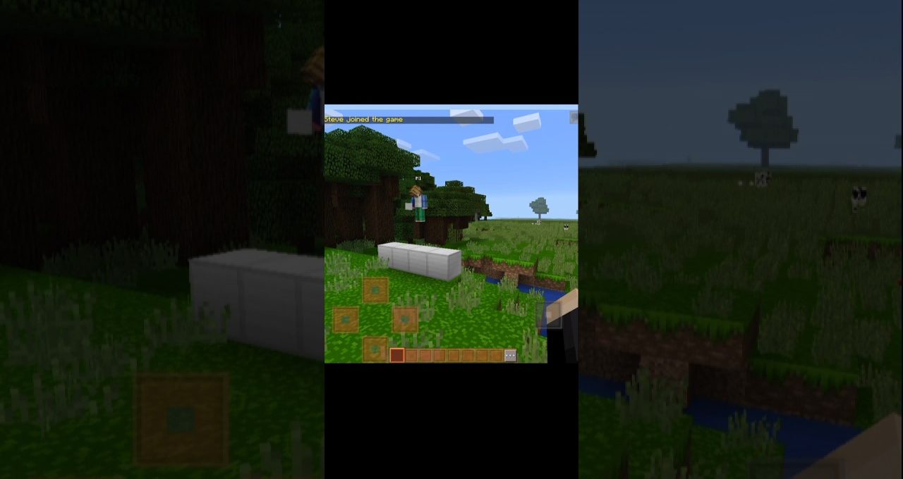 Minecraft scene with player standing on iron blocks beside forest and grassy plain.