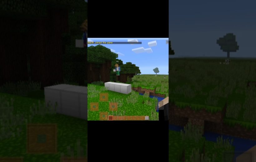 Minecraft scene with player standing on iron blocks beside forest and grassy plain.