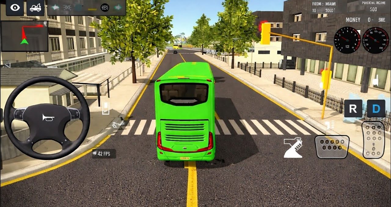 Green city bus viewed from behind driving down urban street with dashboard controls