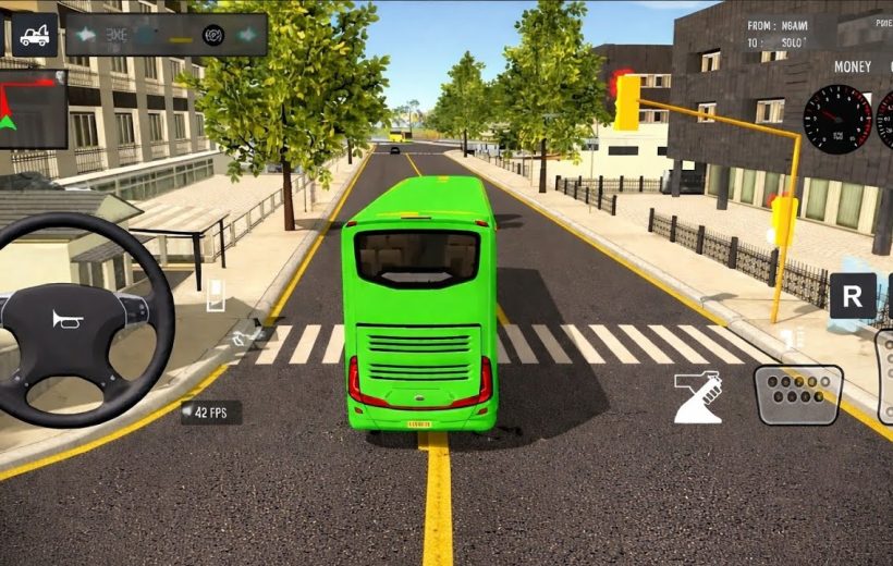 Green city bus viewed from behind driving down urban street with dashboard controls