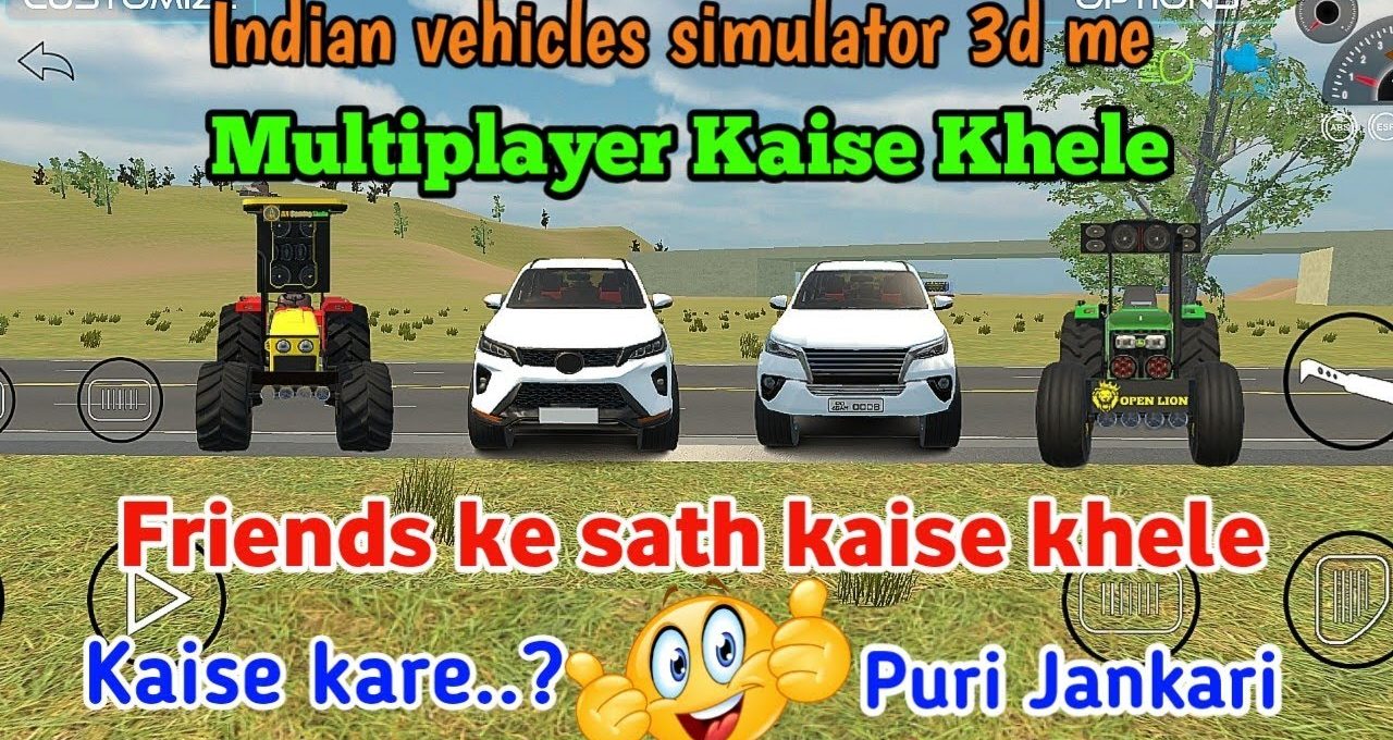 Two SUVs and two tractors lined up on a road in a game scene