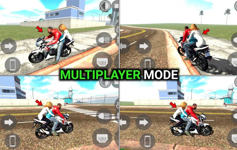 Two players riding a motorcycle together in a bright open-world game scene