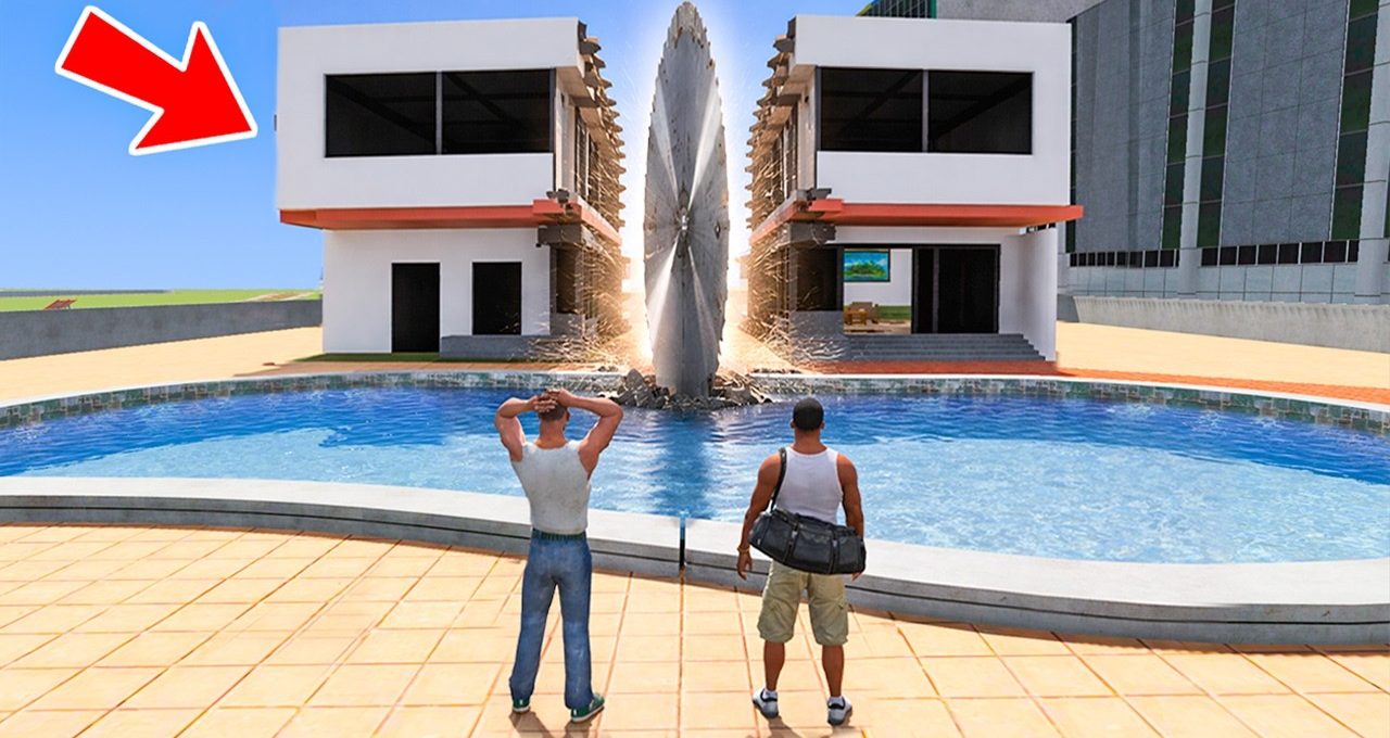Two men watch a giant circular saw splitting a building beside a pool.