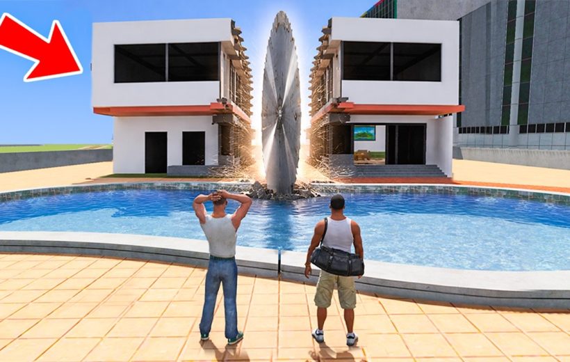 Two men watch a giant circular saw splitting a building beside a pool.