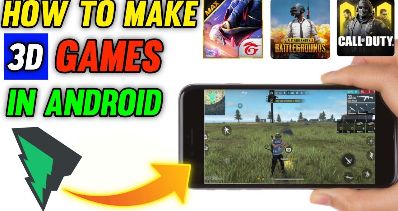 Tutorial thumbnail showing a hand holding a phone running a 3D Android shooter game