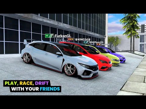 Four colorful modified hatchback cars parked in a row outside a modern building