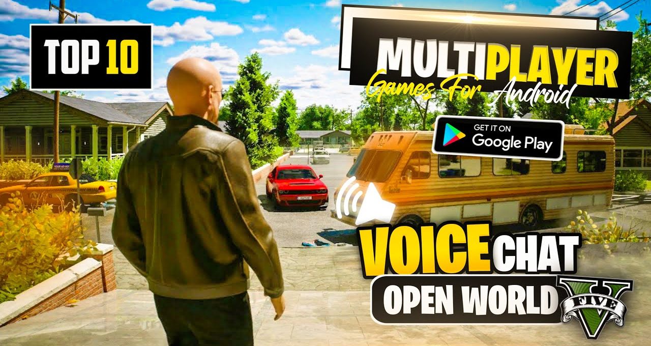Bald character overlooking suburban street with cars, RV, and "voice chat" text overlay
