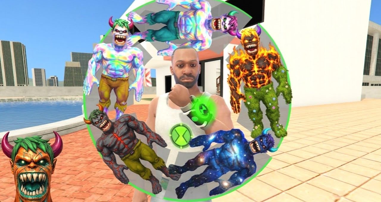 Man wearing wrist device summoning colorful monstrous avatars in an urban waterfront plaza