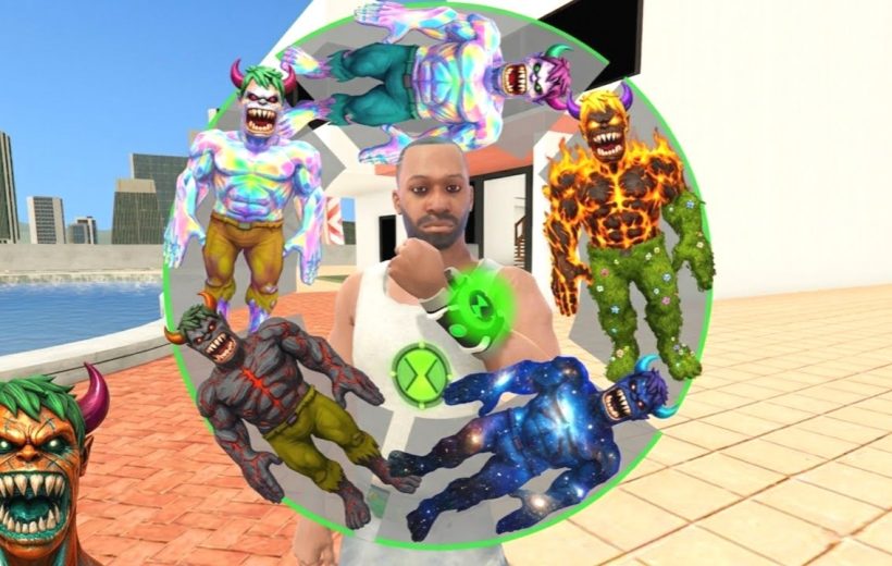 Man wearing wrist device summoning colorful monstrous avatars in an urban waterfront plaza