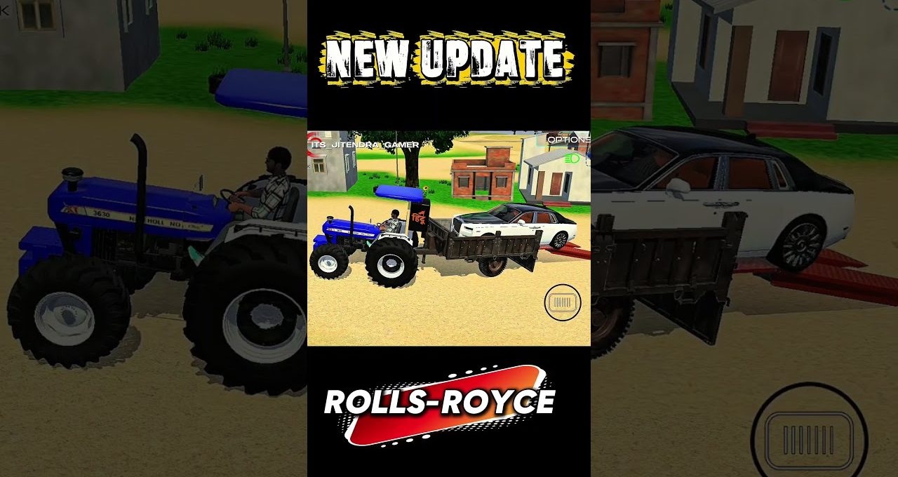 Tractor towing a Rolls-Royce on a rural road in a game update screenshot.