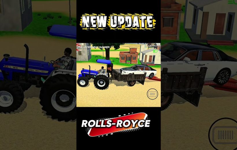 Tractor towing a Rolls-Royce on a rural road in a game update screenshot.