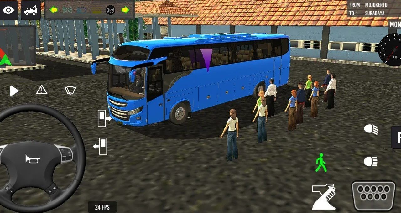 Blue coach bus parked at station with passengers standing in a boarding line