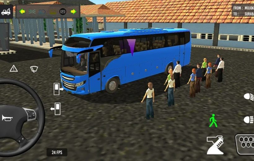 Blue coach bus parked at station with passengers standing in a boarding line