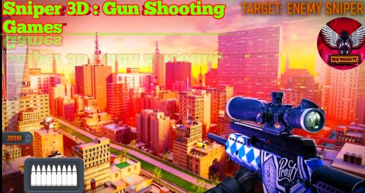 Colorful city skyline at sunset with a scoped sniper rifle in foreground