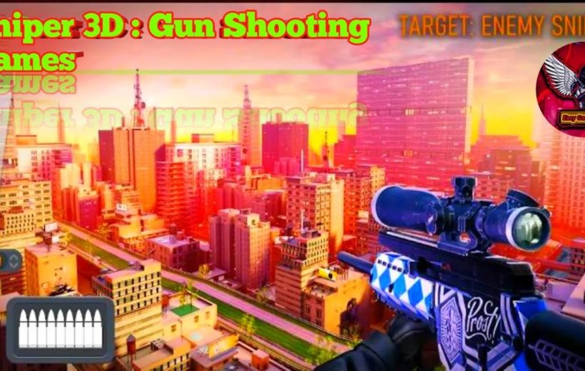Colorful city skyline at sunset with a scoped sniper rifle in foreground