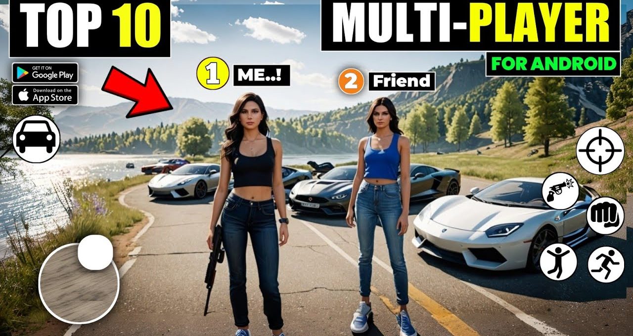 Two women standing on a lakeside road with sports cars and mountains behind them
