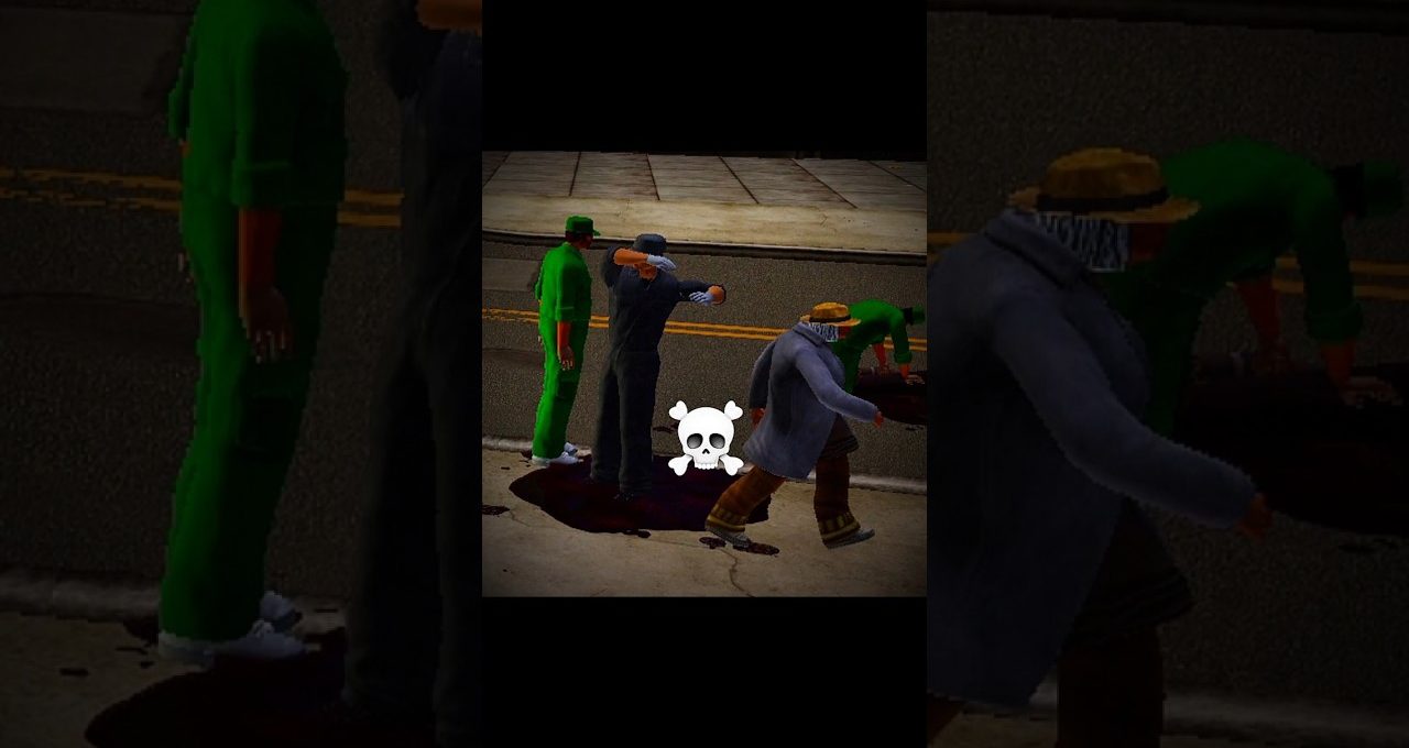 Four masked figures standing and leaning over a dark bloodstain on sidewalk